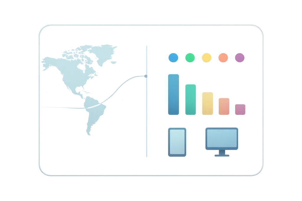 CPM/RPM differences by country and device for URL shorteners (2025) — clean analytics visual with map, bars, and device icons.