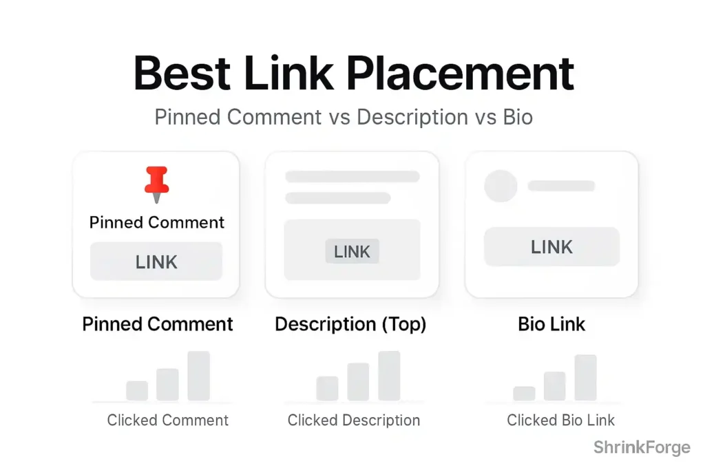 Line chart comparing best link placements: pinned comment spikes early, description stays steady, bio link grows over time.