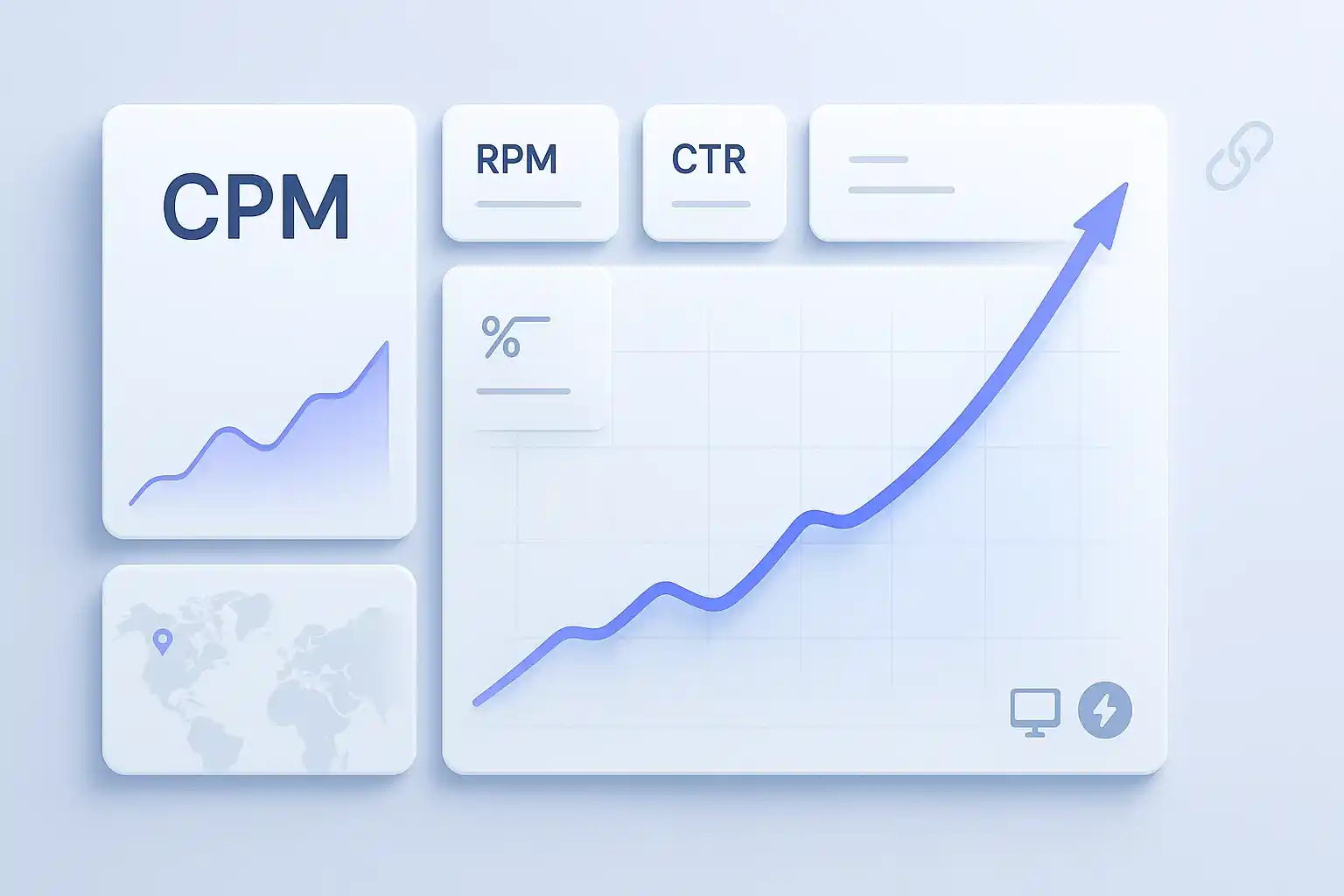 Increase cpm on url shorteners: rising CPM dashboard with Tier-1 markers and device mix icons