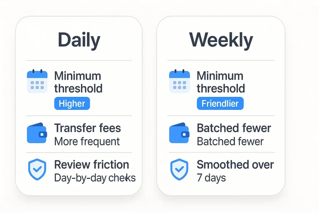 Minimum thresholds and fees — daily vs weekly payouts infographic