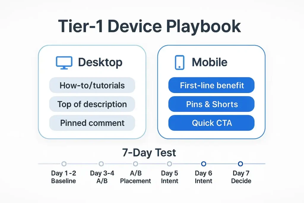Tier-1 device playbook — desktop vs mobile angles and 7-day test steps